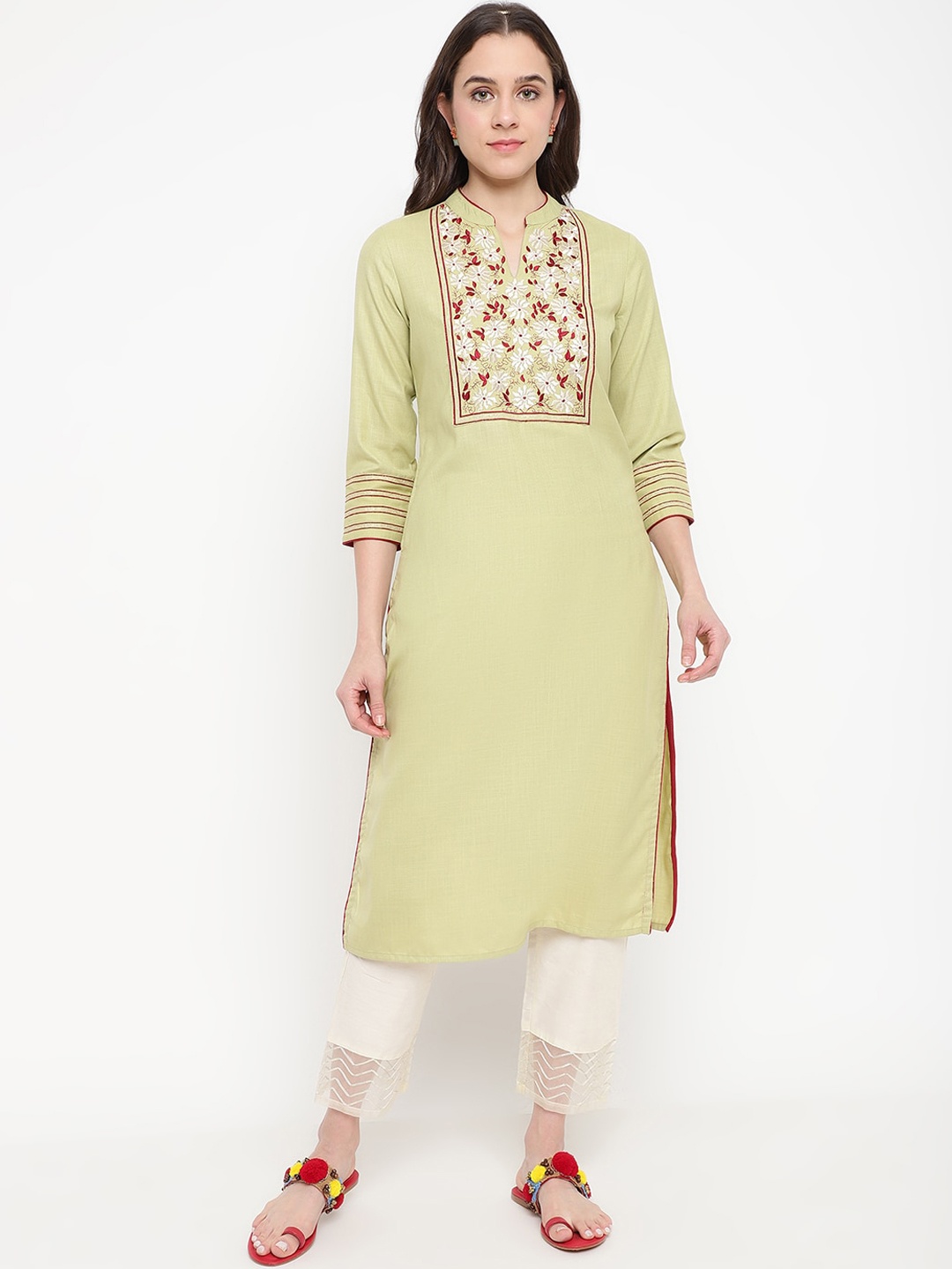 

Be Indi Women Mandarin Collar Ethnic Motifs Straight Side Slits Festive Kurta, Green