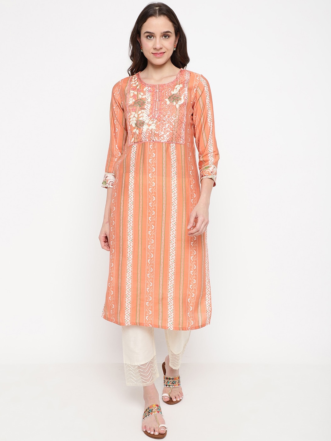 

Be Indi Women Round Neck Floral Straight Side Slits Festive Kurta, Peach