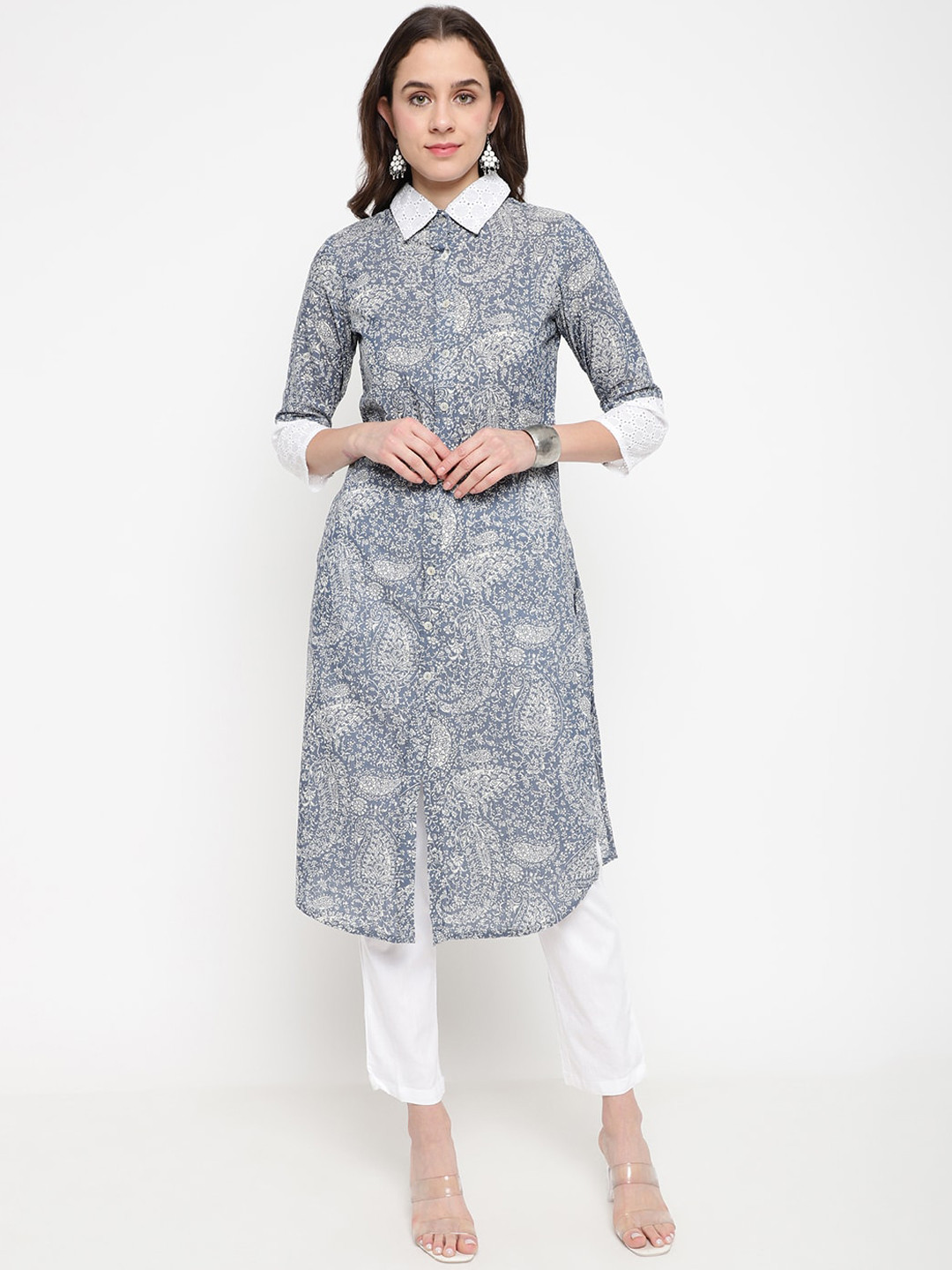 

Be Indi Ethnic Motifs Printed Shirt Collar Kurta, Blue