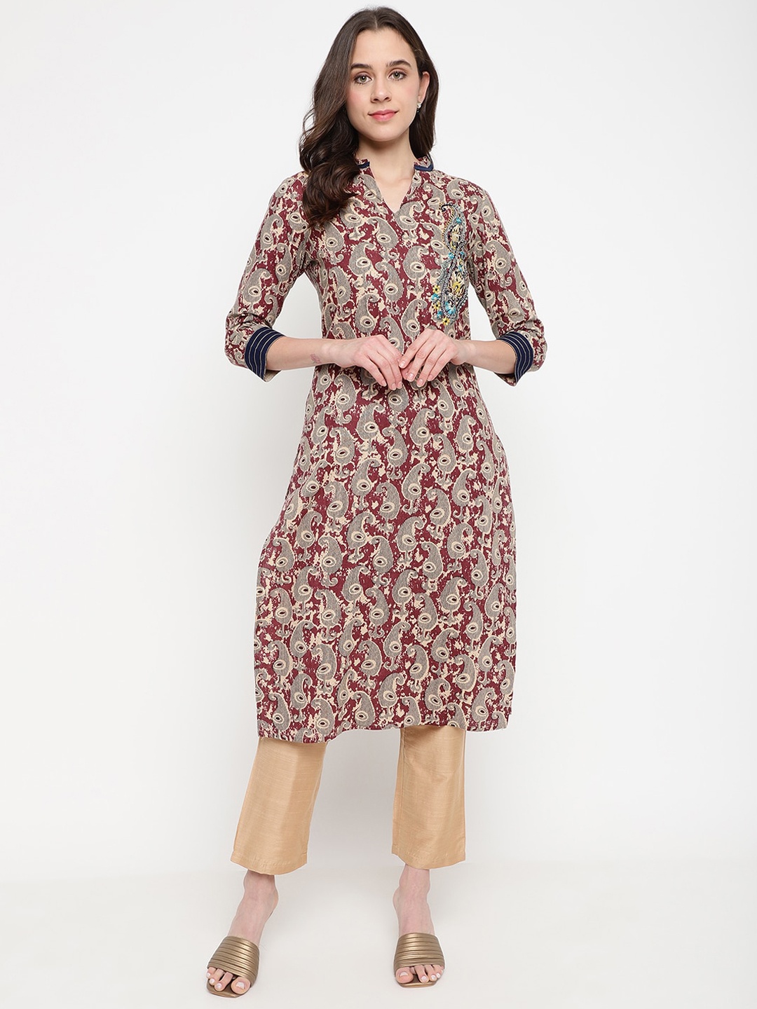 

Be Indi Women Mandarin Collar Paisley Straight Front Slit Festive Kurta, Purple