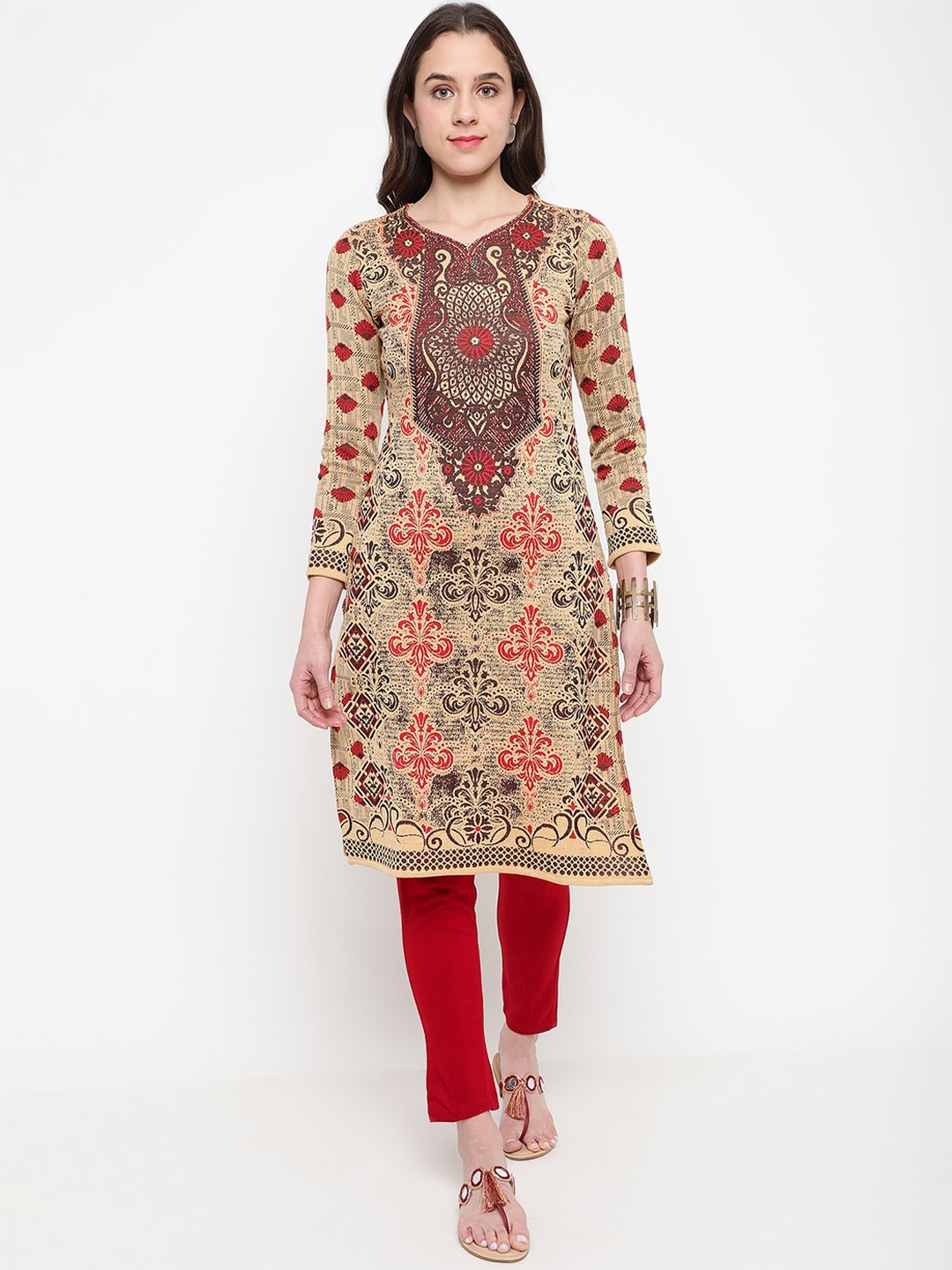 

Be Indi Ethnic Motifs Printed Acrylic Kurta, Beige