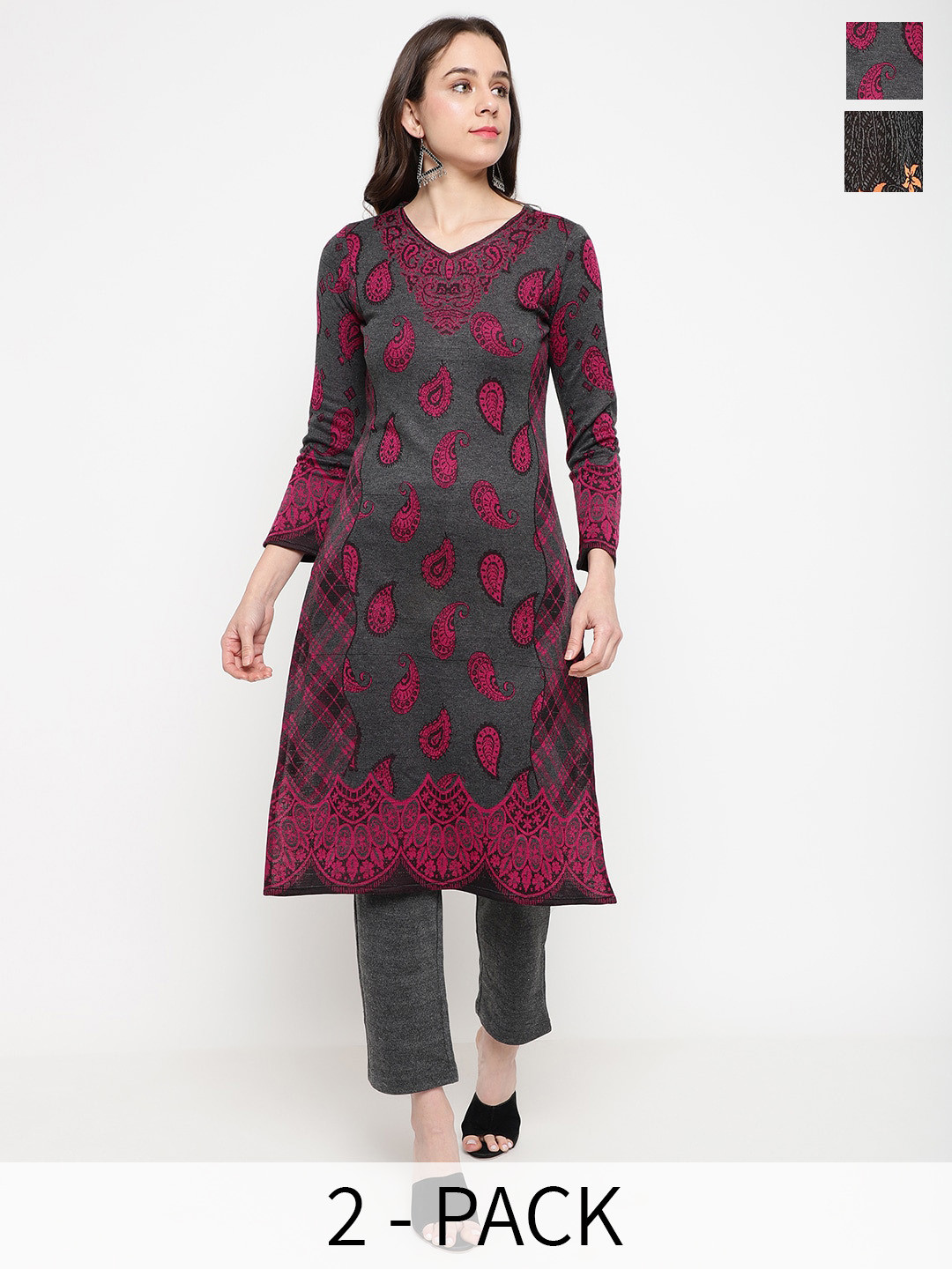 

Be Indi Selection Of 2 Ethnic Motifs Woolen Self Design Knitted Acrylic Kurta, Grey