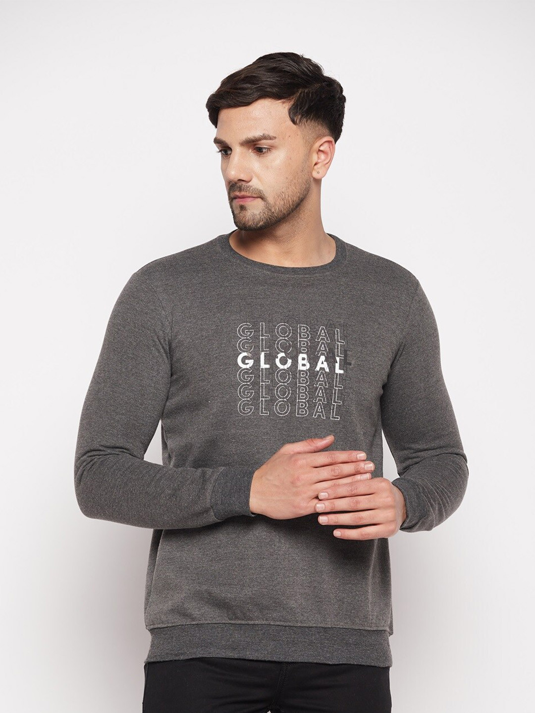 

STROP Typography Printed Cotton Pullover Sweatshirt, Grey