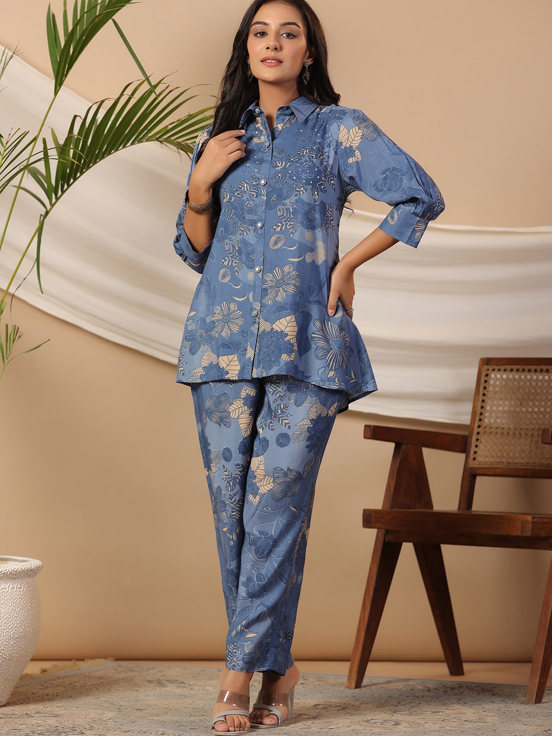 

PIROH Printed Shirt Collar Top & Trouser, Blue