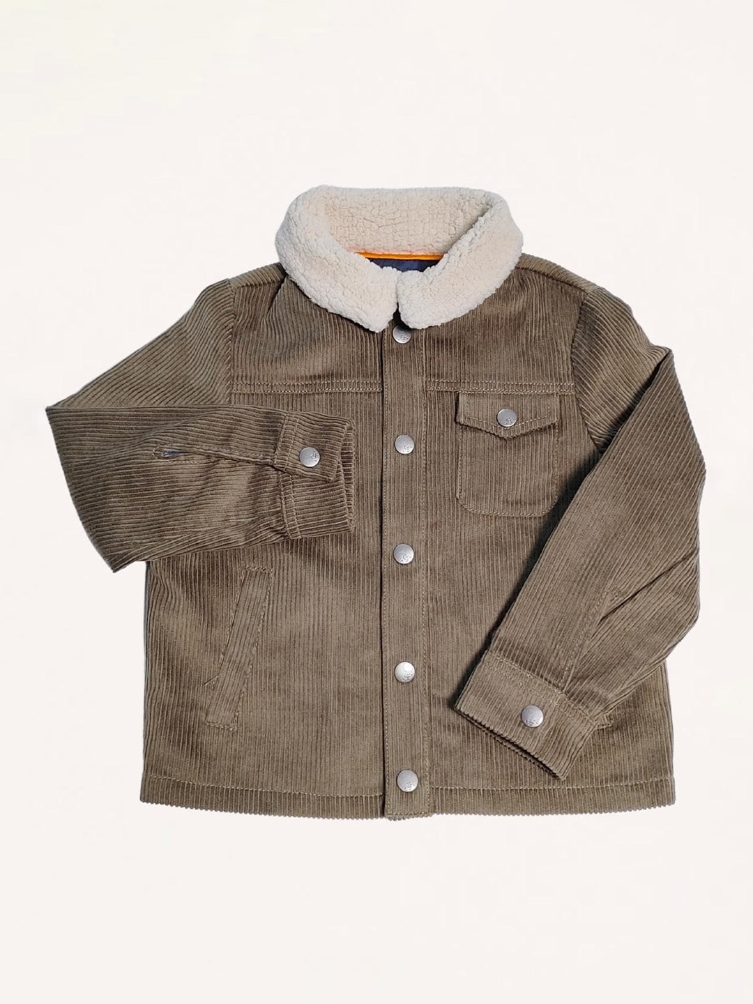 

One Friday Boys Faux Fur Spread Collar Pure Cotton Tailored Jacket, Olive
