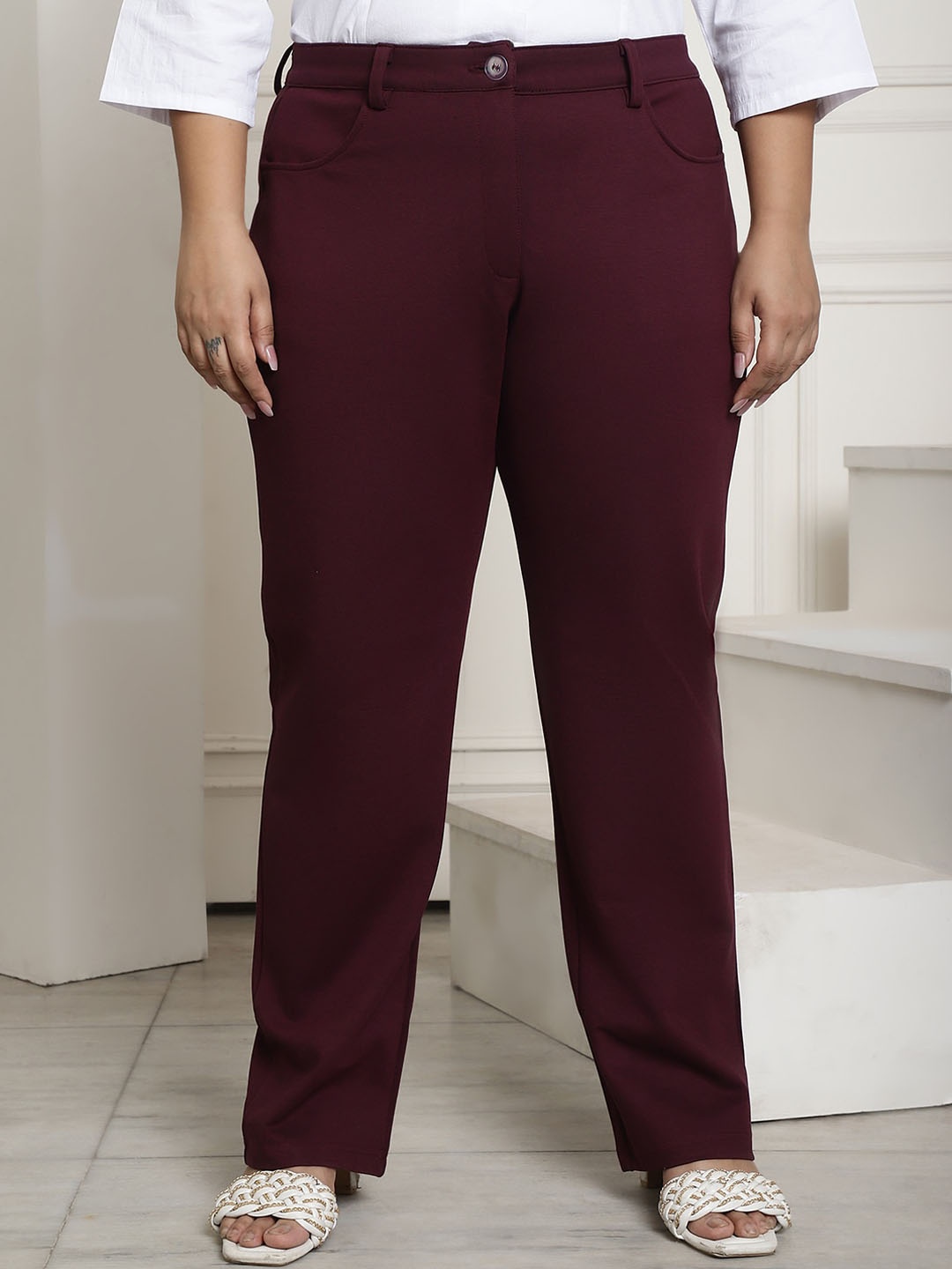 

theRebelinme Women Plus Size Relaxed Straight Fit High-Rise Easy Wash Formal Trousers, Burgundy