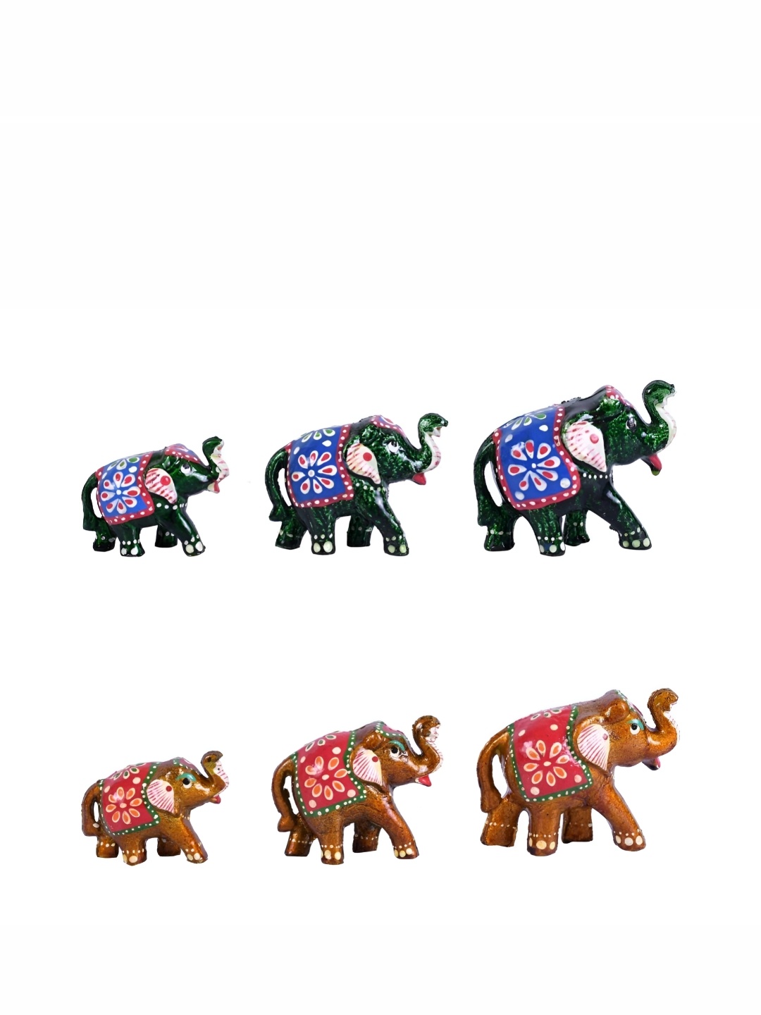 

COOPTIC Green &Red 6Pcs Wooden Elephant Design Showpiece