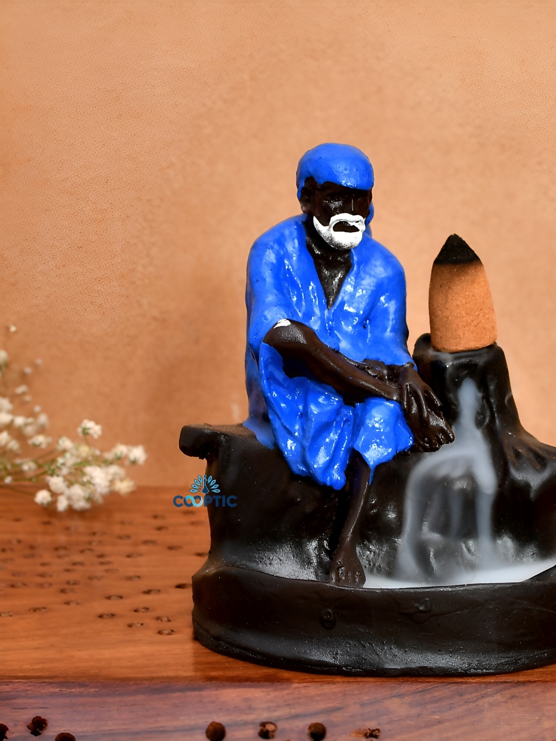 

COOPTIC Blue& White Wooden Sai Baba Showpiece
