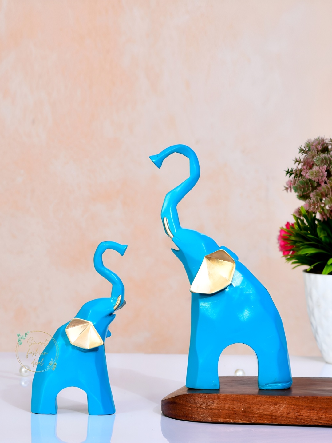 

COOPTIC Blue& Gold Tone 2-PCS Wooden Elephant Idol Showpiece