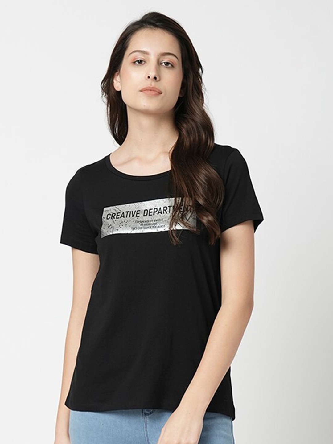 

Vero Moda Typography Printed Pure Cotton T-Shirt, Black