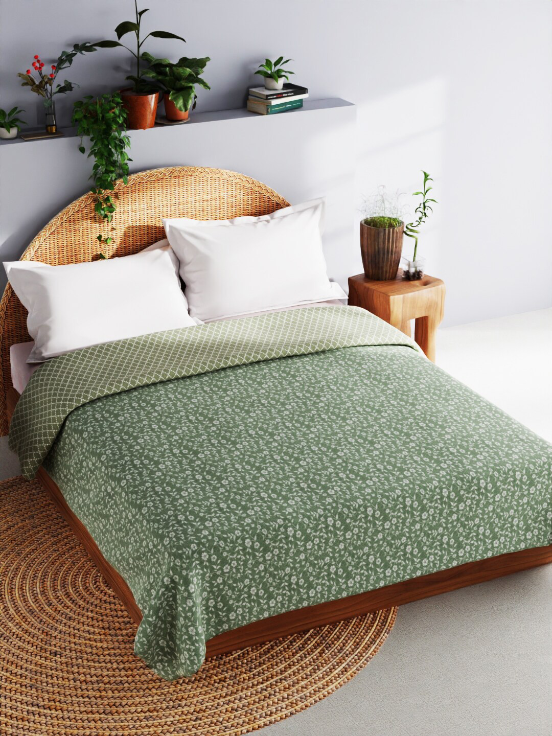 

BIANCA mezzo Green and White Floral AC Room 150 GSM Double Bed Dohar