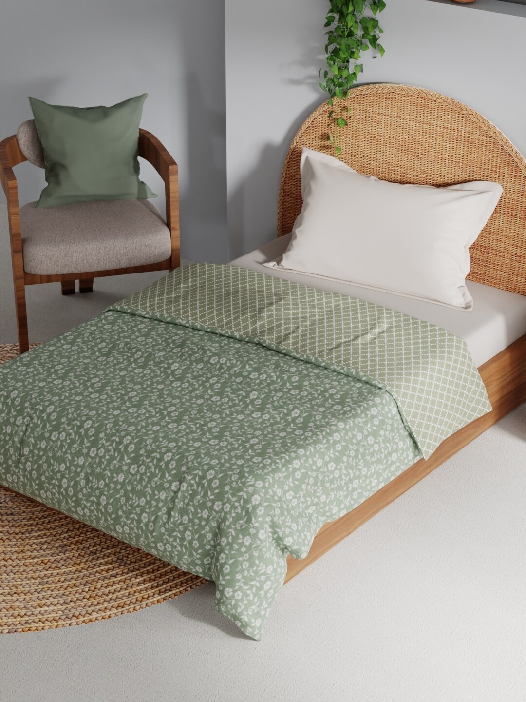 

BIANCA MEZZO Green & White Floral Cotton AC Room 150 GSM Single Bed Dohar