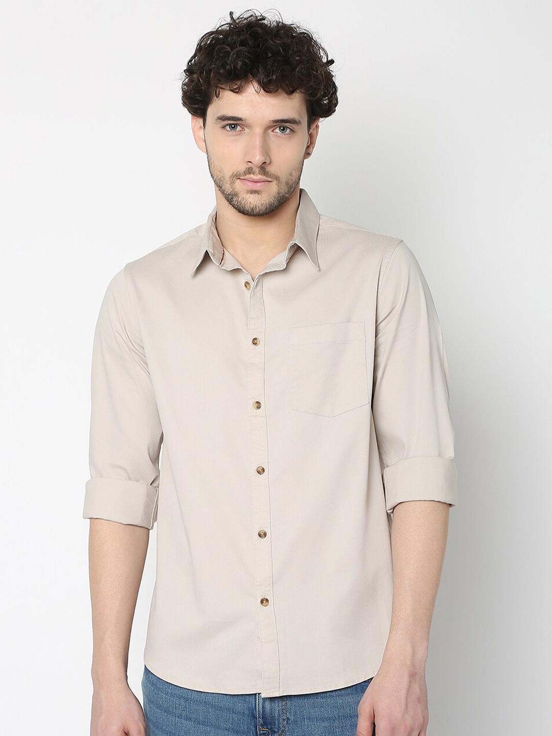 

R&B Spread Collar Long Sleeve Pocket Cotton Casual Shirt, Beige
