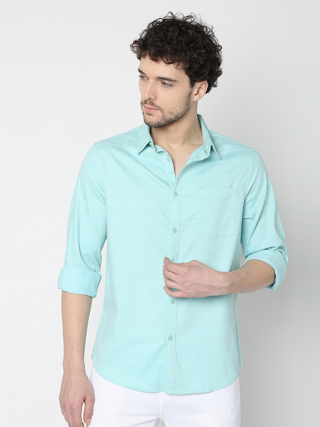 

R&B Spread Collar Cotton Casual Shirt, Green