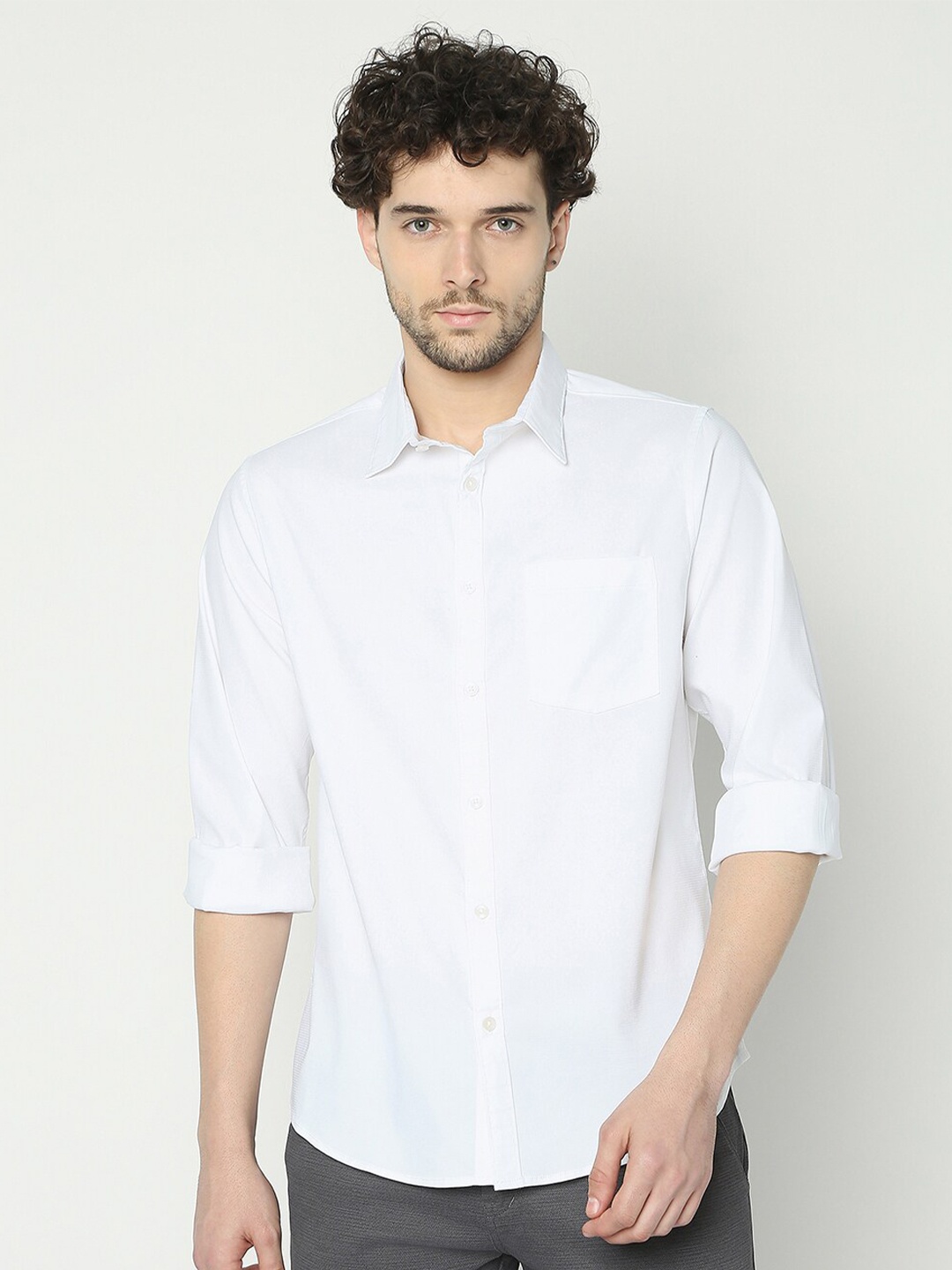 

R&B Spread Collar Cotton Casual Shirt, White