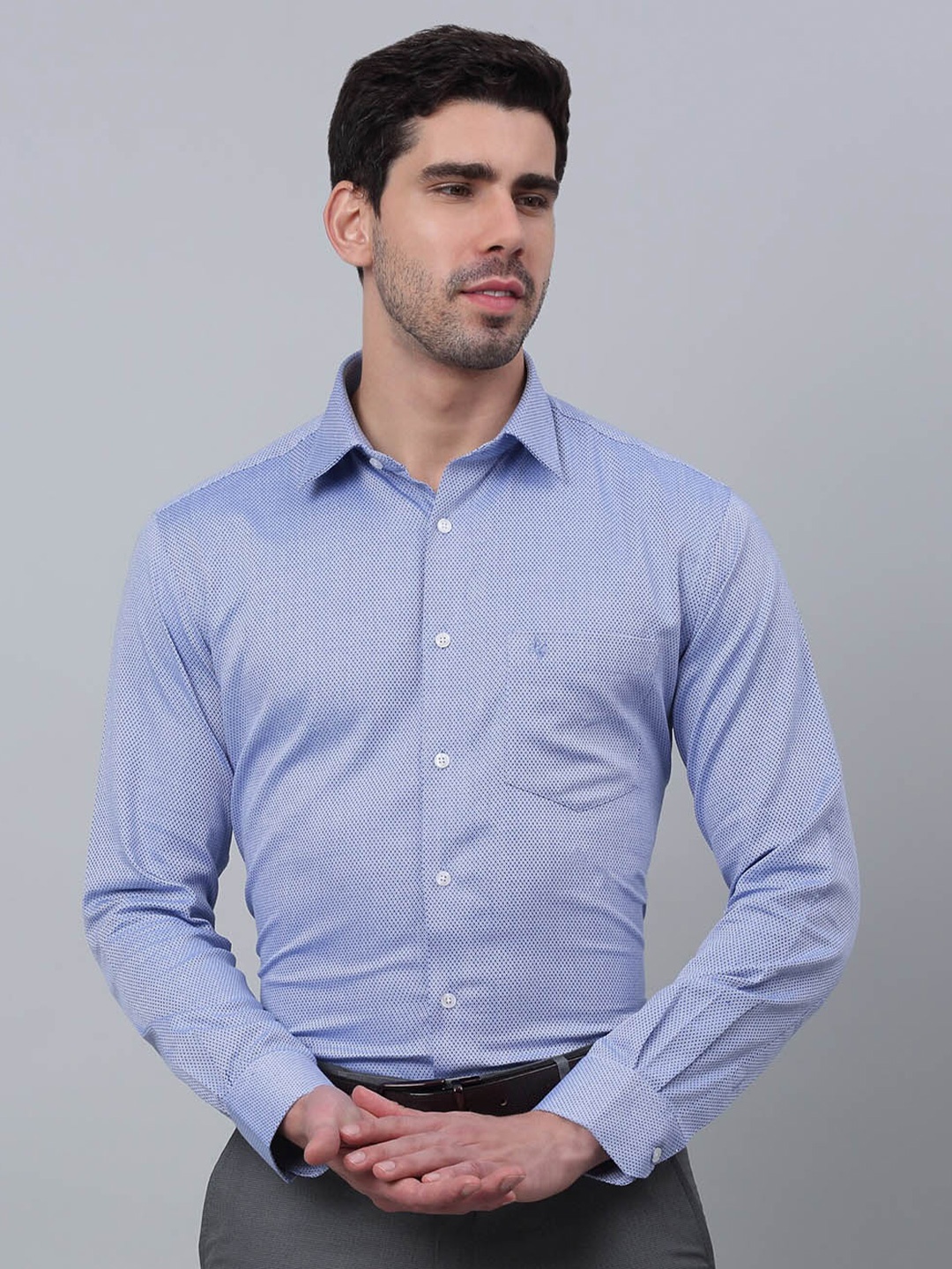 Cantabil Comfort Textured Spread Collar Long Sleeves Cotton Formal Shirt, Blue