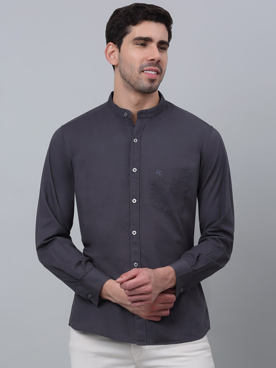 

Cantabil Comfort Band Collar Cotton Long Sleeves Casual Shirt, Grey