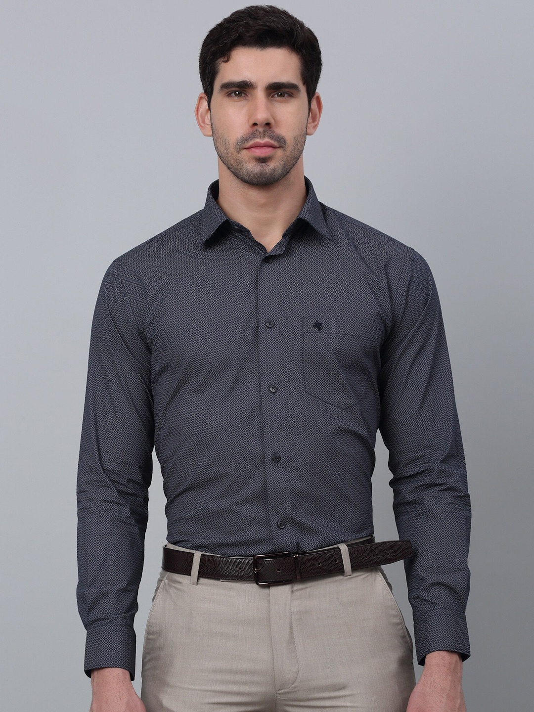 

Cantabil Comfort Micro Ditsy Printed Cotton Formal Shirt, Navy blue