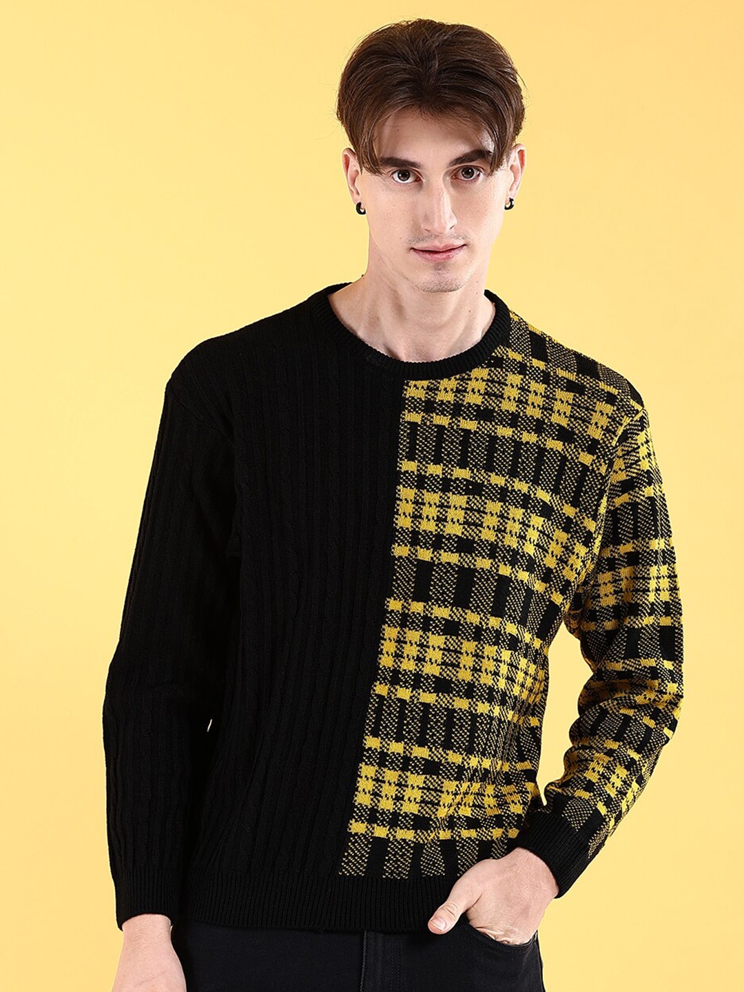 The Indian Garage Co Checked Acrylic Pullover, Black