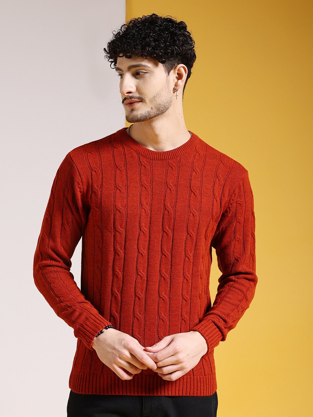 

The Indian Garage Co Cable Knit Long Sleeves Acrylic Pullover Sweater, Orange