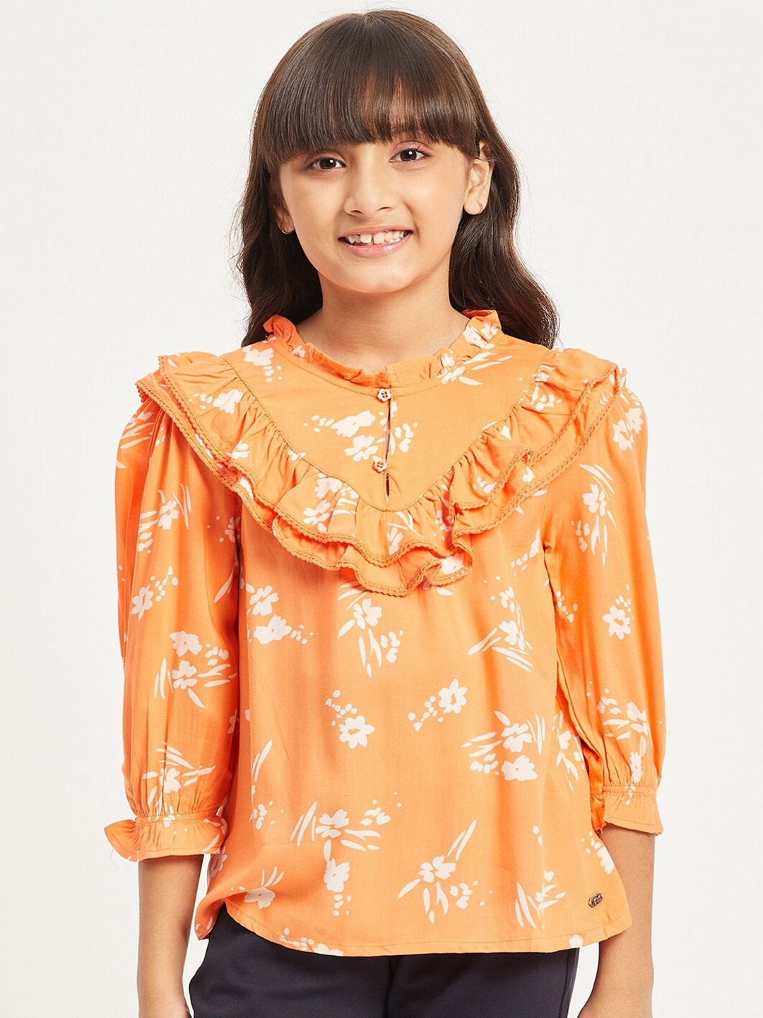 

Purple United Kids Girls Floral Printed Ruffled Puff Sleeve Top, Orange