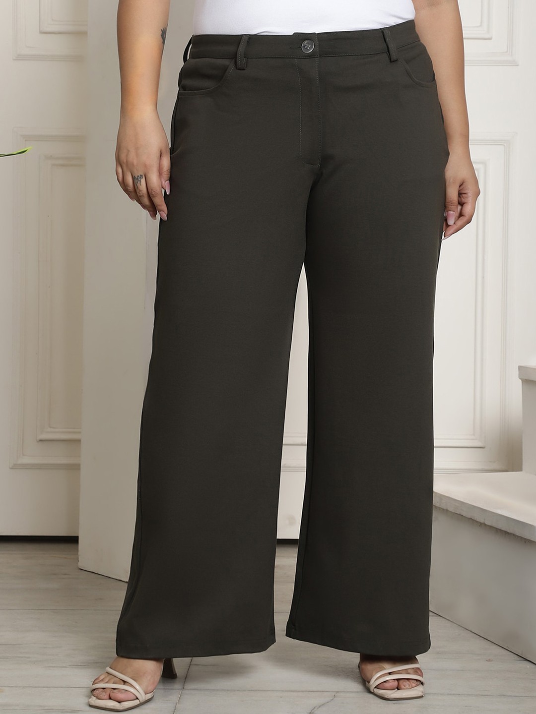 

theRebelinme Women Plus Size Relaxed High Rise Easy Wash Parallel Trousers, Olive