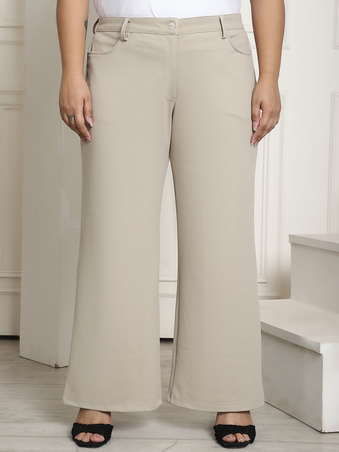 

theRebelinme Women Plus Size Relaxed High-Rise Easy Wash Trousers, Khaki