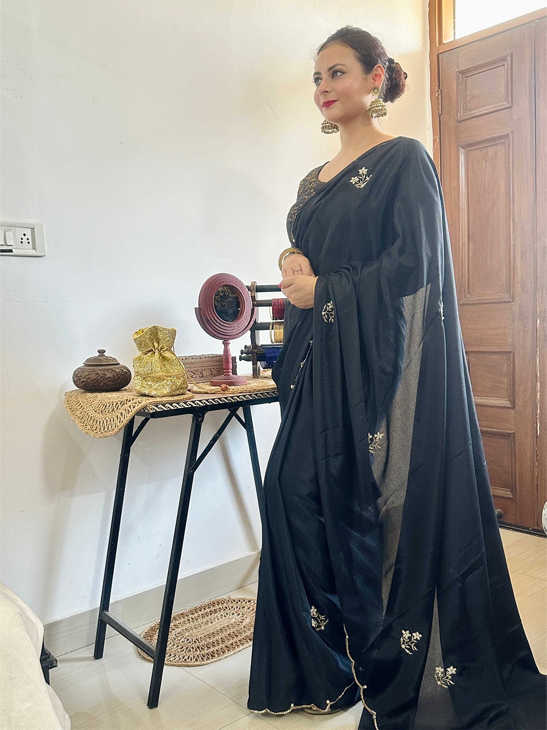 

Mitera Floral Embroidered Sarees, Black