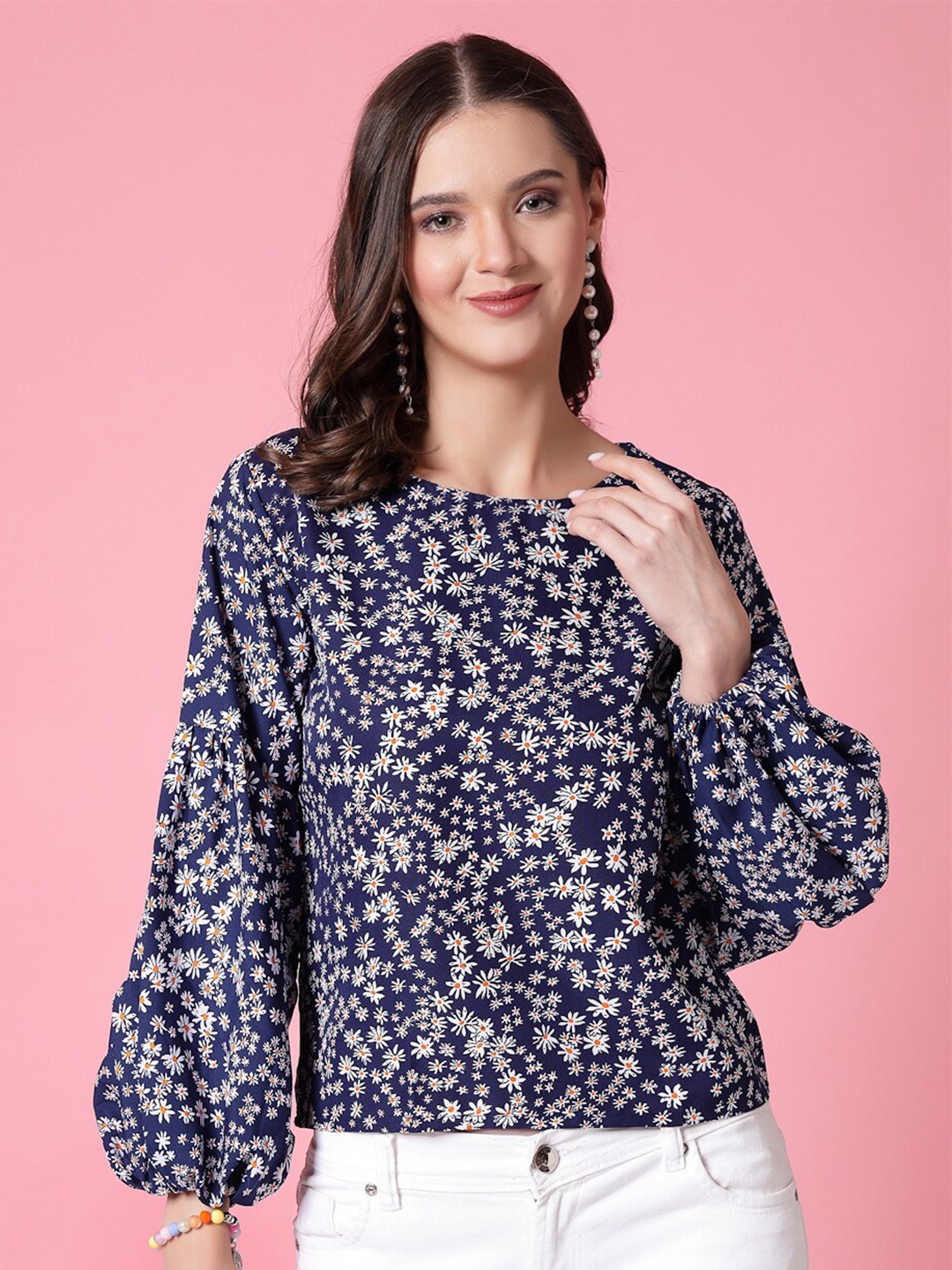 

Oomph! Floral Printed Puff Sleeves Top, Blue