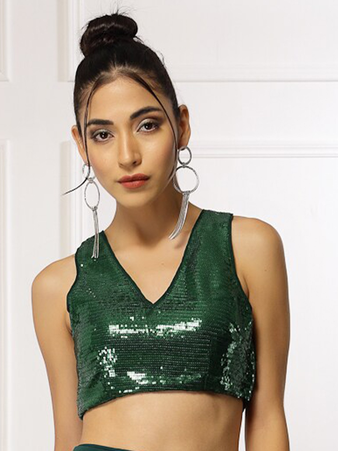

Oomph! Embellished Sequinned Georgette Bralette Crop Top, Green