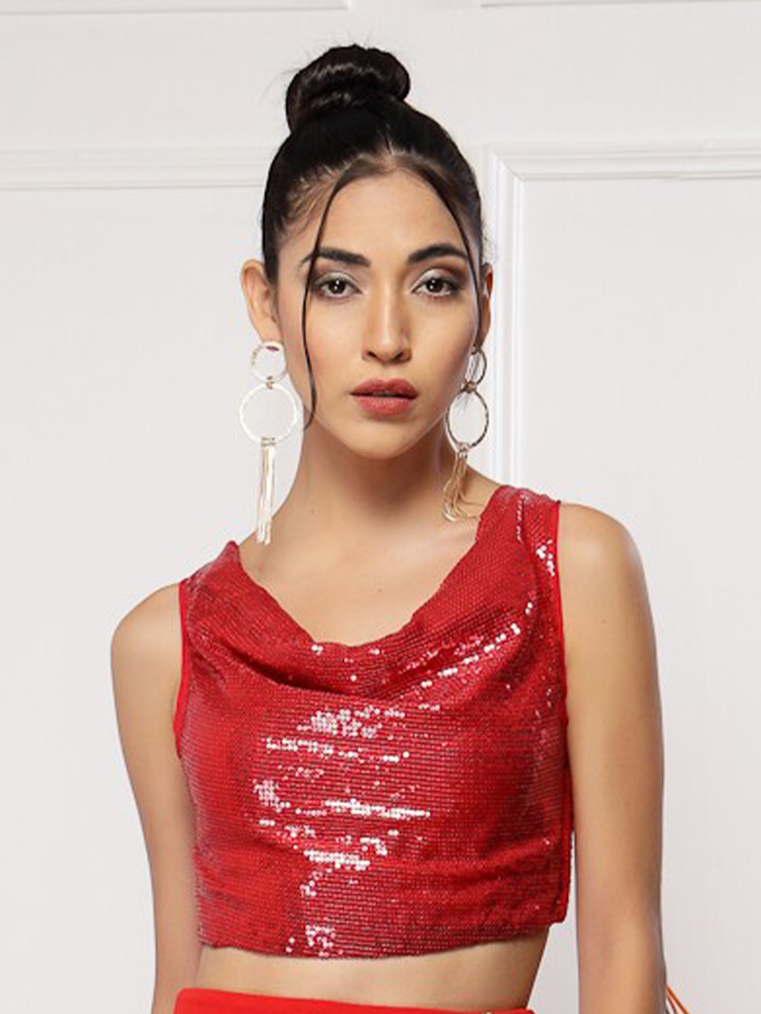

Oomph! Embellished Cowl Neck Crop Top, Red