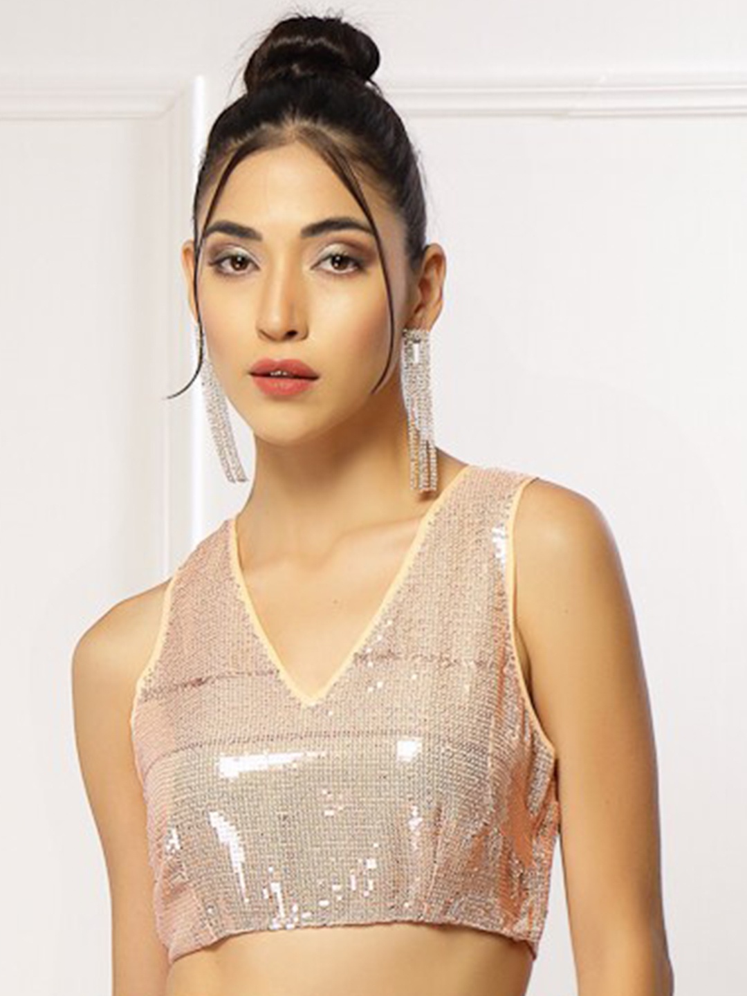 

Oomph! Embellished V-Neck Crop Top, Beige