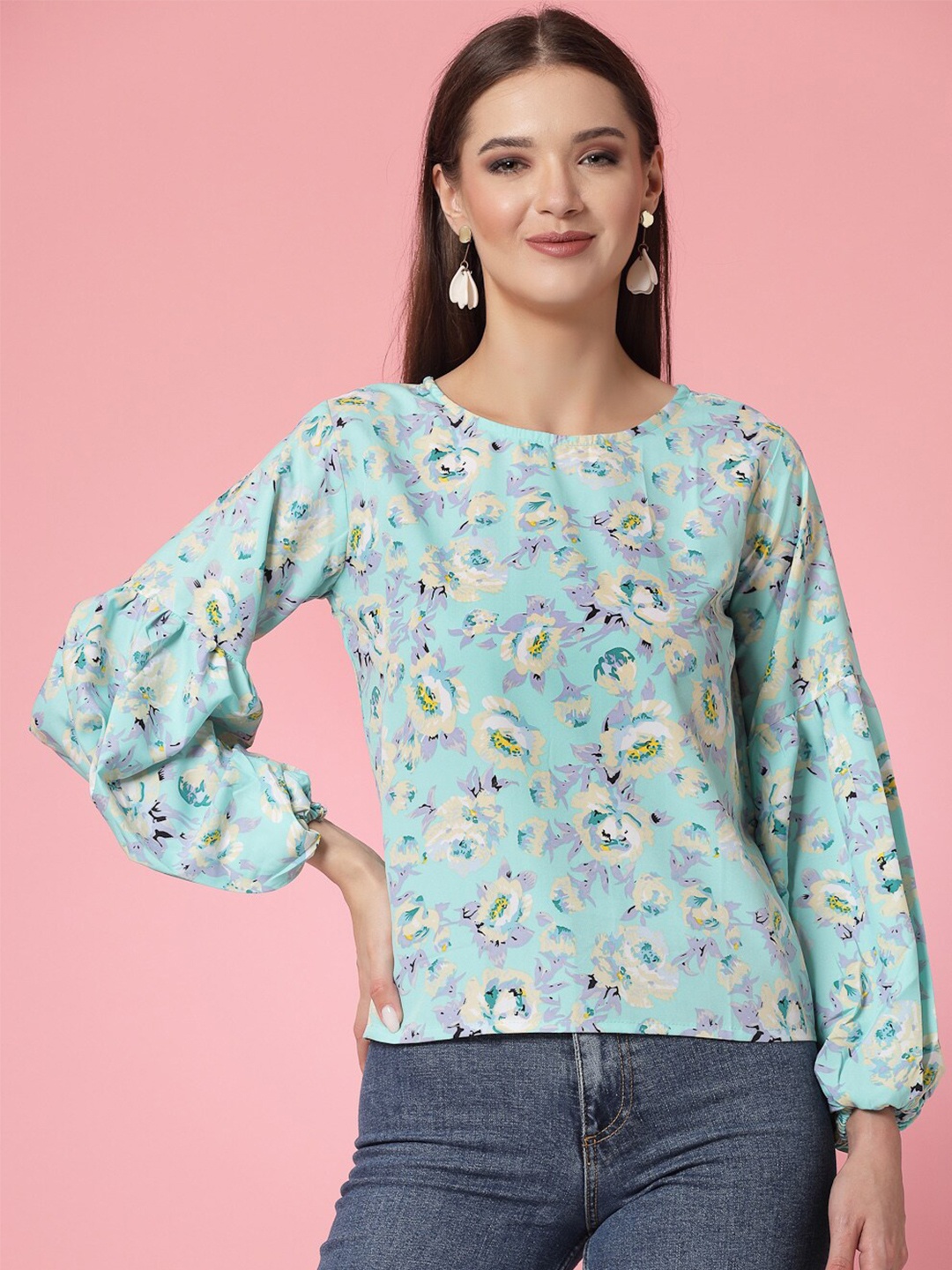 

Oomph! Floral Printed Puff Sleeves Top, Blue