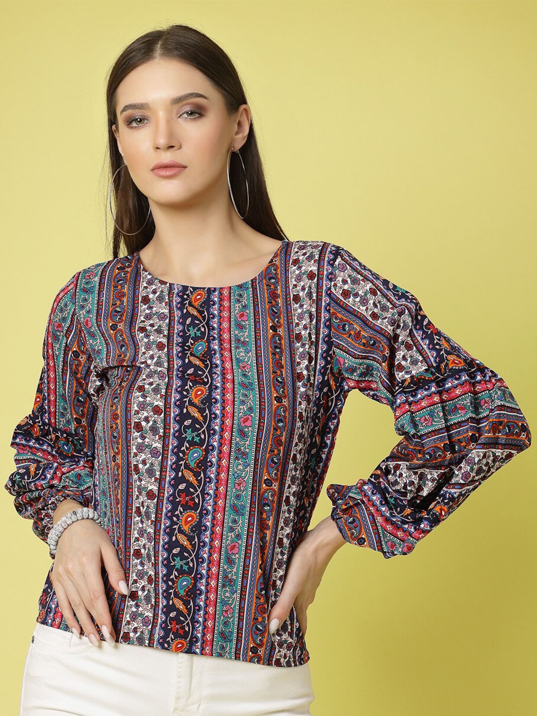 

Oomph! Ethnic Motifs Printed Puff Sleeve Crepe Top, Navy blue