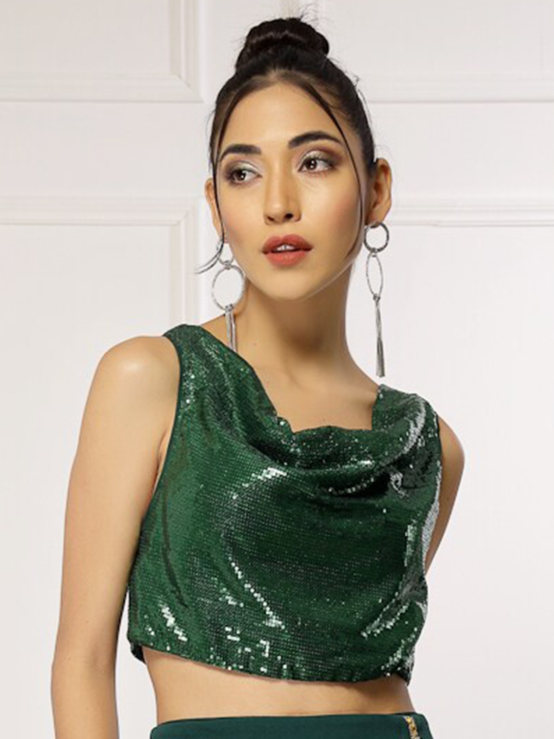 

Oomph! Embellished Sequinned Georgette Crop Top, Green