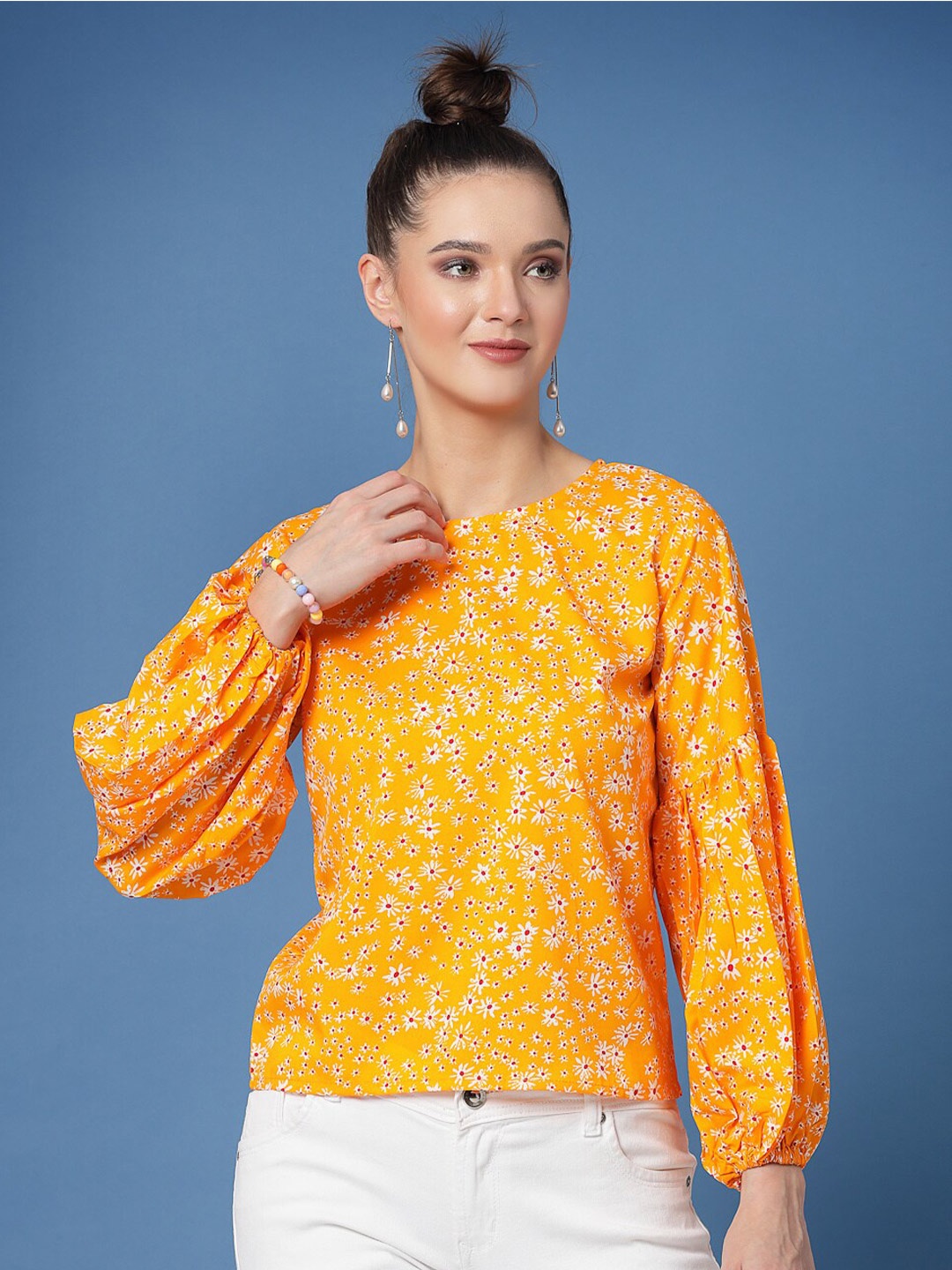 

Oomph! Floral Print Puff Sleeve Crepe Top, Yellow
