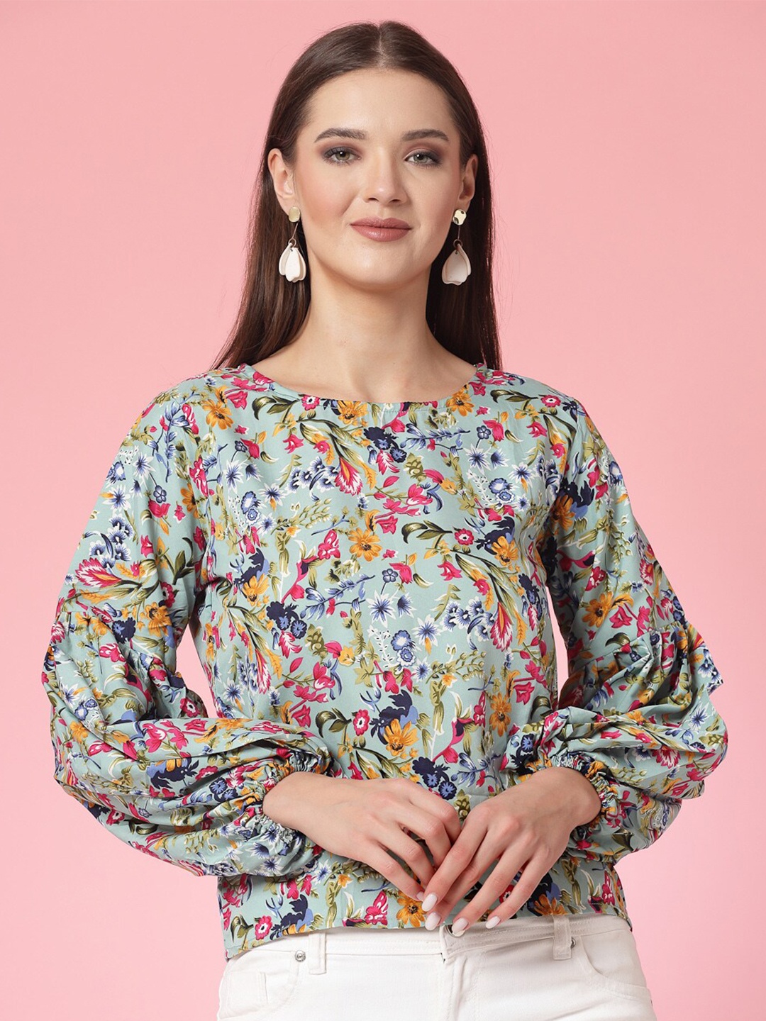 

Oomph! Floral Printed Round Neck Top, Blue