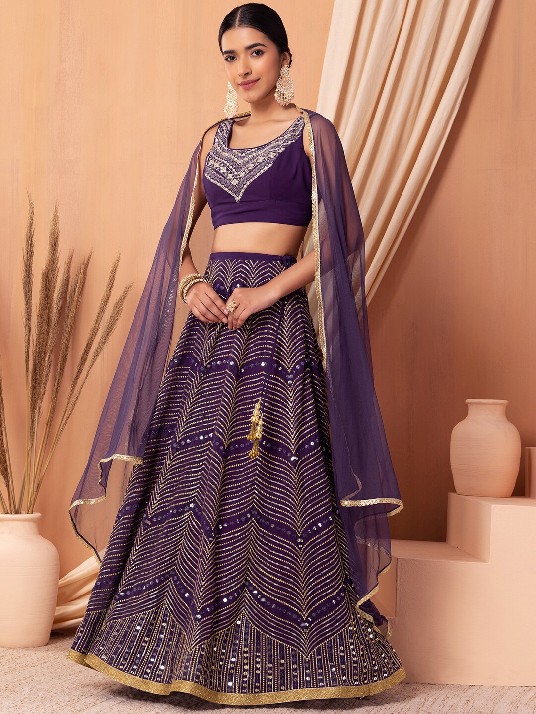 

Indya Luxe Embroidered Ready to Wear Lehenga & Blouse With Dupatta, Purple