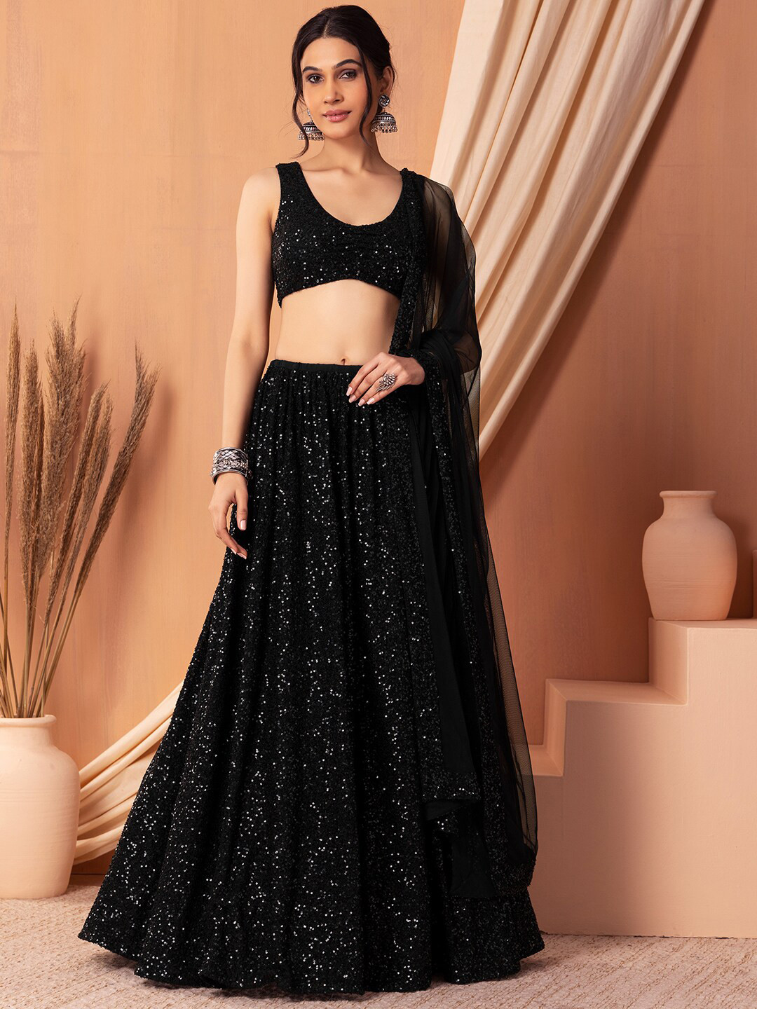 

Indya Luxe Embellished Ready to Wear Lehenga & Blouse With Dupatta, Black