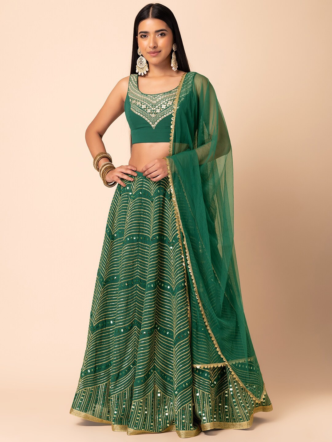 

Indya Luxe Embroidered Ready To Wear Lehenga & Blouse With Dupatta, Green