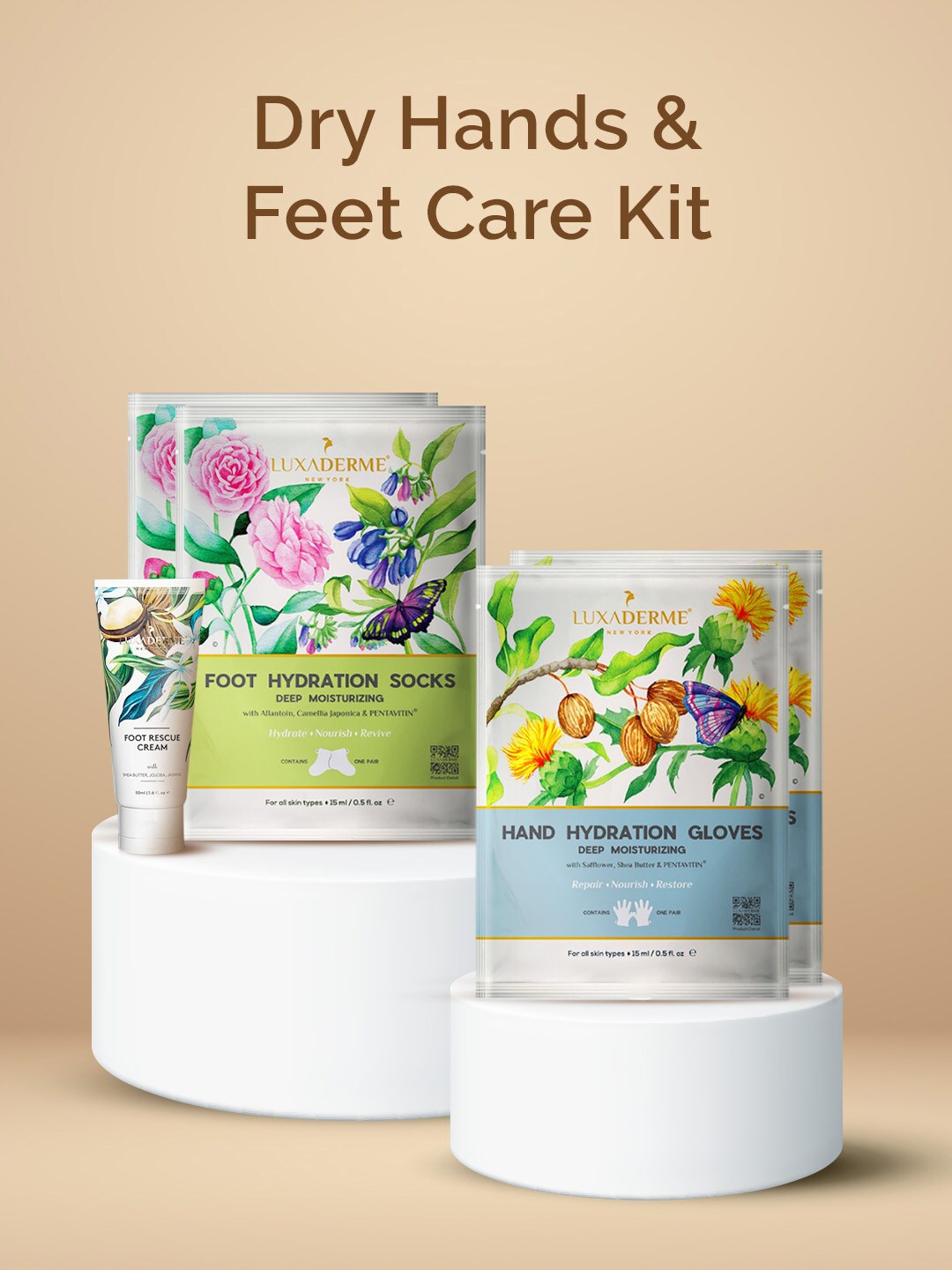 

LuxaDerme Set Of 5 Foot Socks-Hand Gloves-Foot Rescue Cream, White