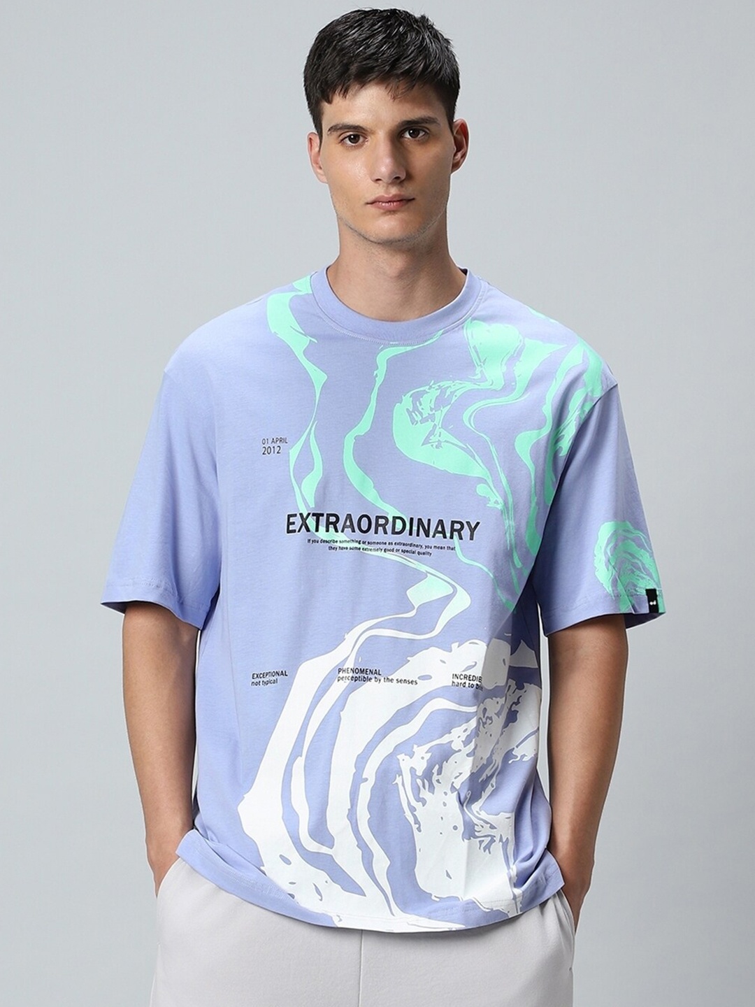 

Bewakoof Lavender Abstract Printed Drop-Shoulder Sleeves Oversized Cotton T-shirt