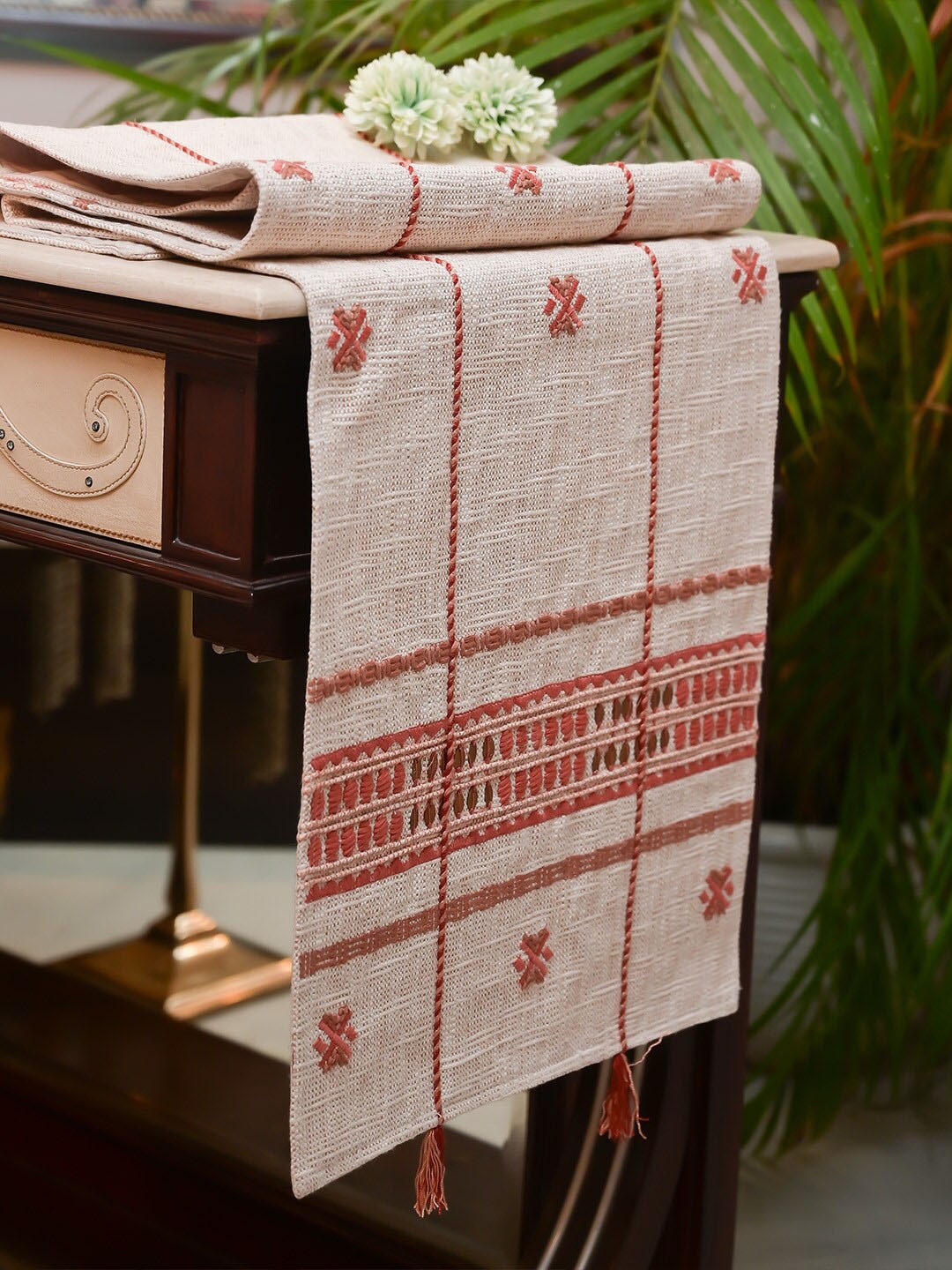 

LUSH & BEYOND Beige & Pink Ethnic Motifs Embroidered Table Runner