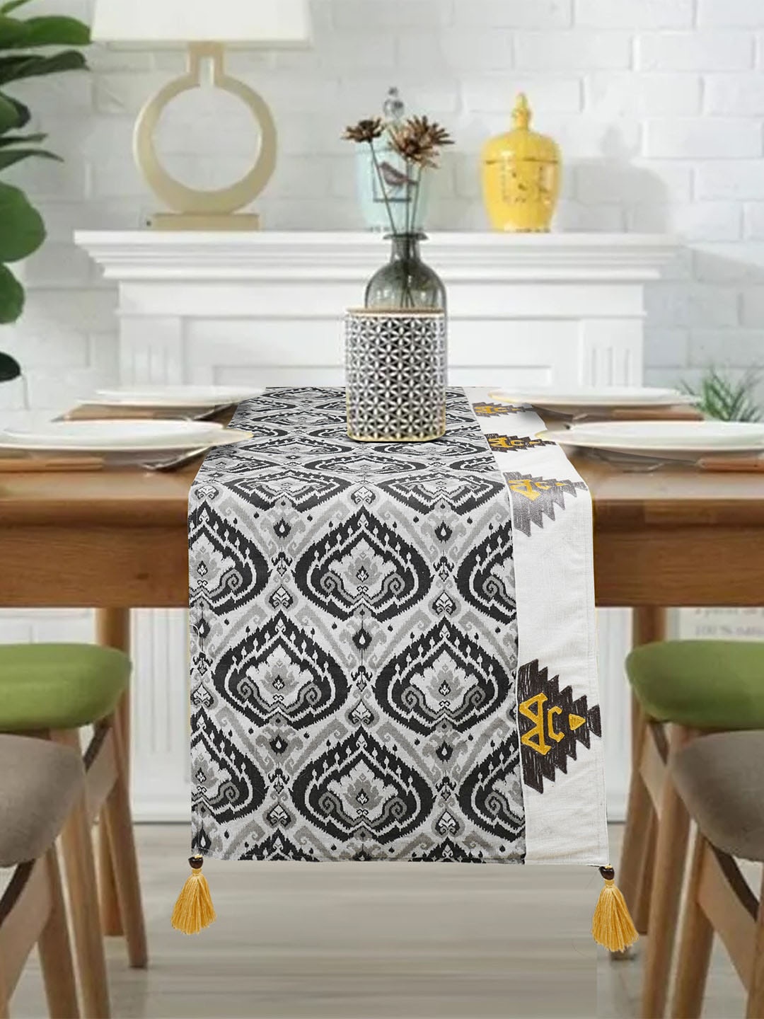 

LUSH & BEYOND Grey & Black Self designed Pure Cotton Table Runner