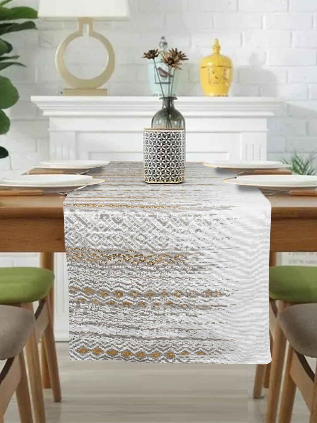 

LUSH & BEYOND White & Grey Self Design Cotton Table Runner