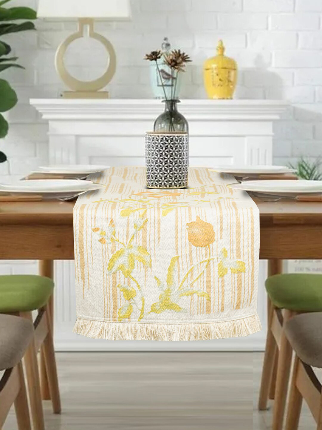

LUSH & BEYOND Cream & Yellow Floral Designed Pure Cotton Table Runner