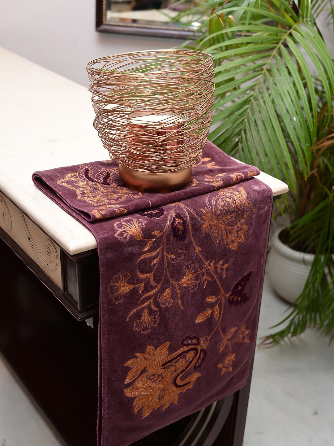 

LUSH & BEYOND Purple & Mustard Floral Embroidered Pure Cotton Table Runner