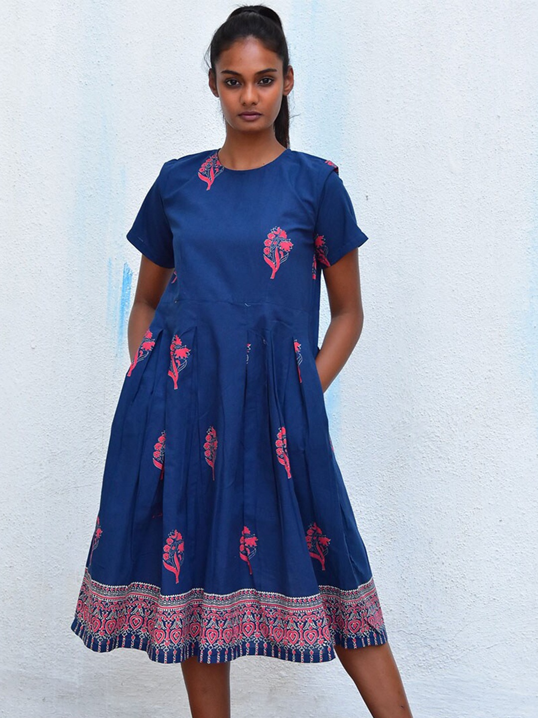 

Chidiyaa Floral Printed Cotton Fit & Flare Dress, Blue