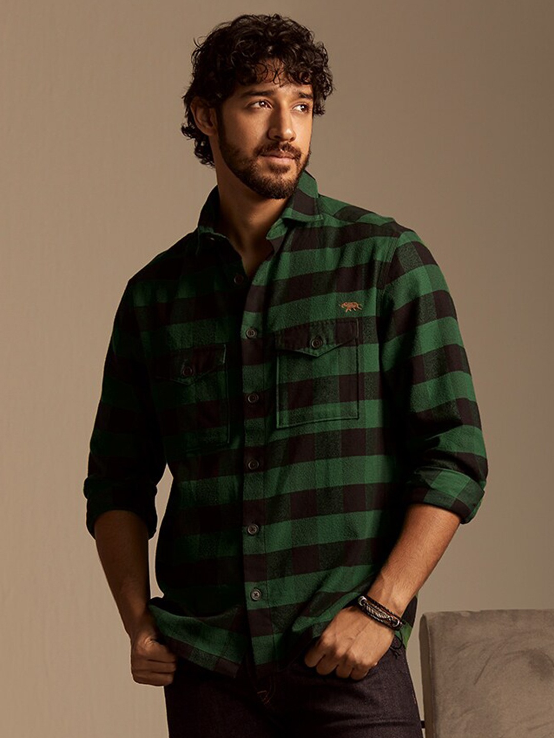 

Andamen Premium Buffalo Checked Cotton Casual Shacket, Green