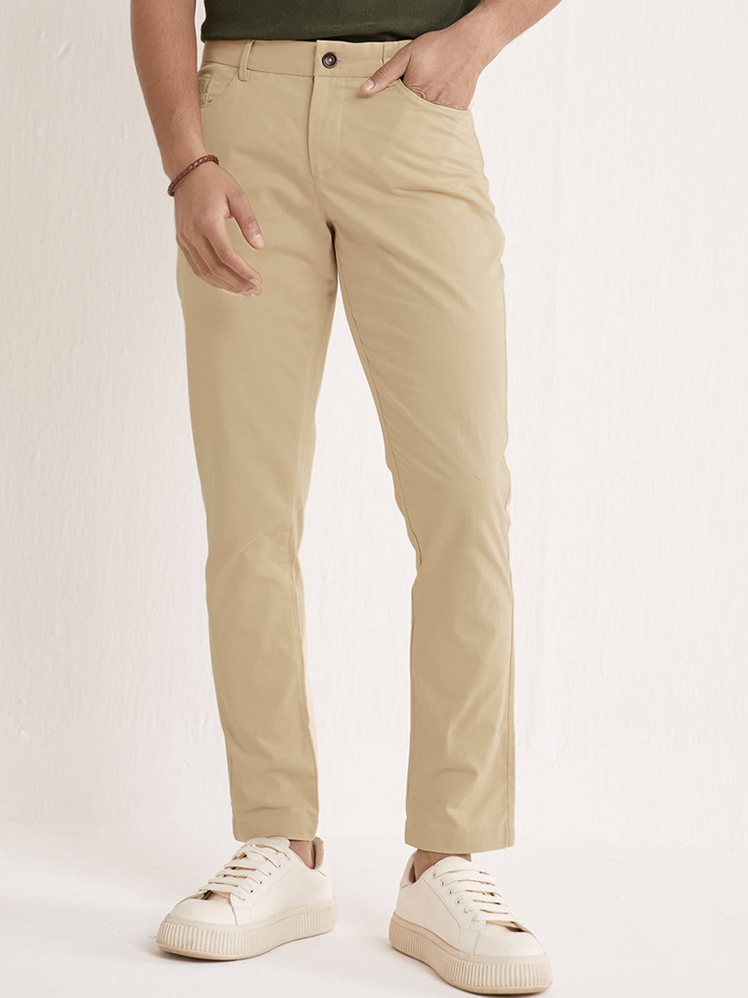 

Andamen Men Ultra Slim Fit Mid-Rise Plain Cotton Chinos, Beige